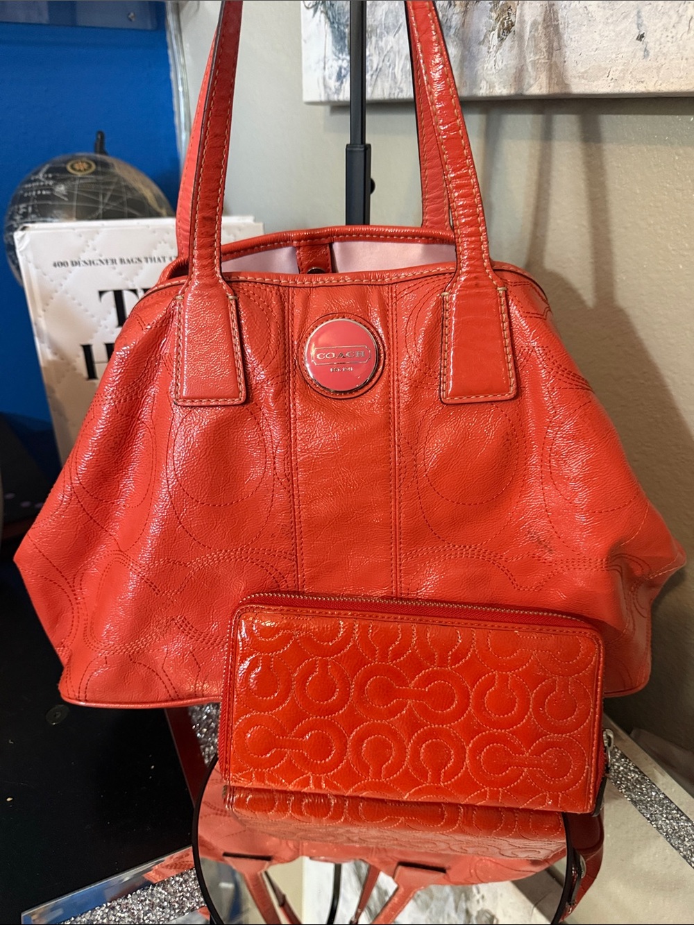Coach Orange Leather Shoulder Bag with Matching Wallet Set